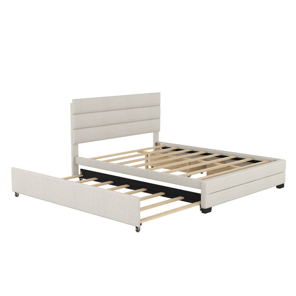 English Elm Queen Linen Upholstered Platform Bed with Trundle Twin Pullout and Storage Drawers GX001313AAA