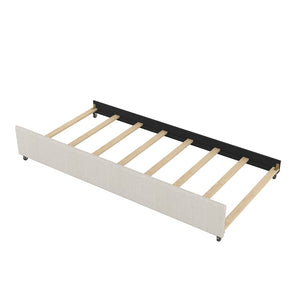 English Elm Queen Linen Upholstered Platform Bed with Trundle Twin Pullout and Storage Drawers GX001313AAA