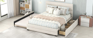 English Elm Queen Linen Upholstered Platform Bed with Trundle Twin Pullout and Storage Drawers GX001313AAA