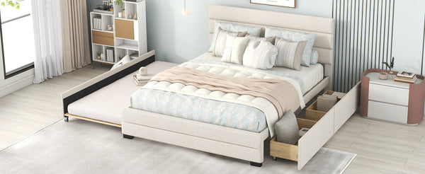 English Elm Queen Linen Upholstered Platform Bed with Trundle Twin Pullout and Storage Drawers GX001313AAA