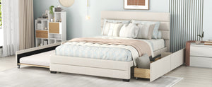 English Elm Queen Linen Upholstered Platform Bed with Trundle Twin Pullout and Storage Drawers GX001313AAA