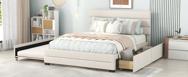 English Elm Queen Linen Upholstered Platform Bed with Trundle Twin Pullout and Storage Drawers GX001313AAA