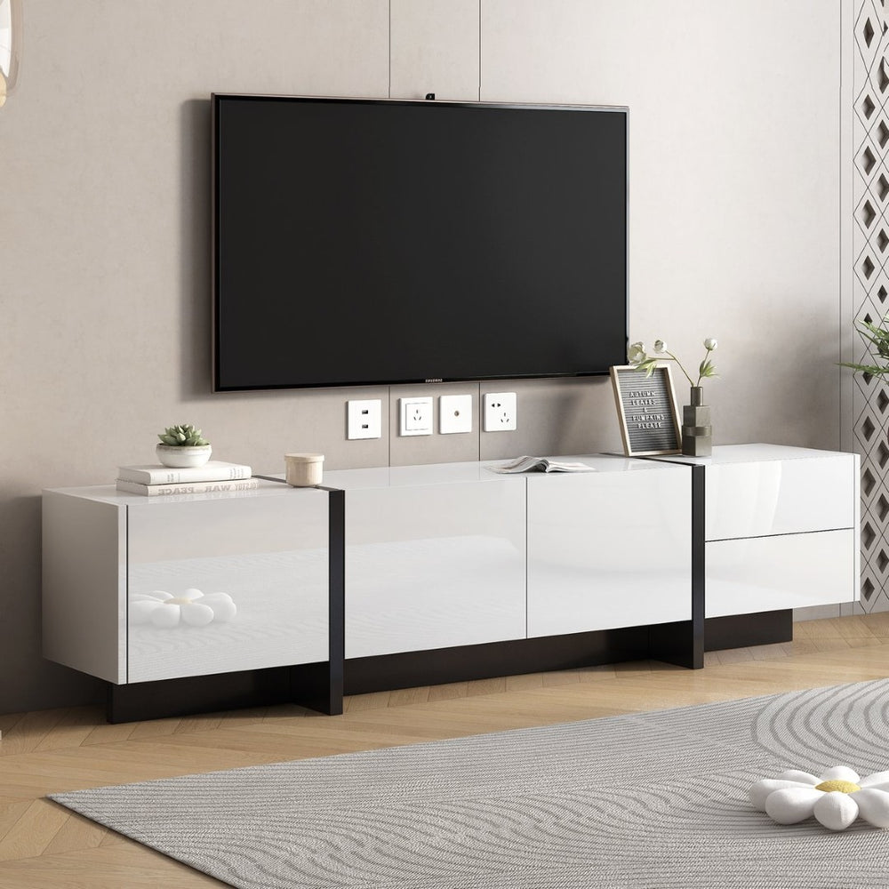 English Elm Glossy White Tv Stand with Black Accents Sleek Modern Console for 80 Inch Screens WF300852AAK