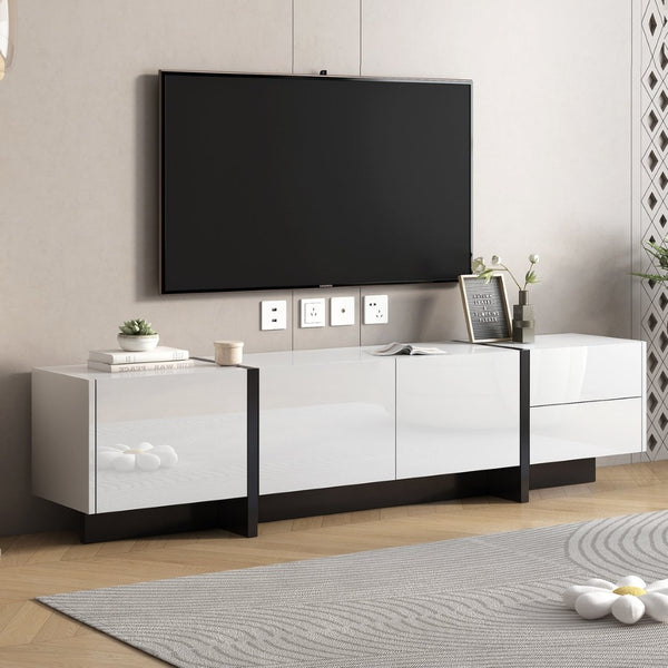 English Elm Glossy White Tv Stand with Black Accents Sleek Modern Console for 80 Inch Screens WF300852AAK