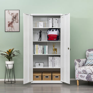 English Elm High Steel Storage Cabinet with Lockable Double Doors, Heavy-Duty Shelves, Quiet Magnetic Closure White W252126641