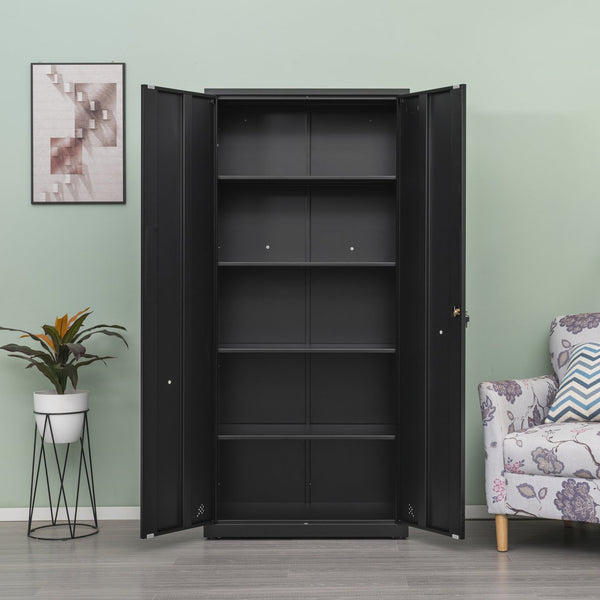 English Elm High Steel Storage Cabinet with Lockable Double Doors, Heavy-Duty Shelves, Quiet Magnetic Closure Black W252126639