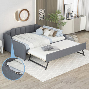 English Elm Full Full Size Upholstery Daybed with Trundle, USB Charging Armrest, Gray Fabric, Durable Frame GX000542AAE