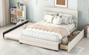 English Elm Queen Linen Upholstered Platform Bed with Trundle Twin Pullout and Storage Drawers GX001313AAA