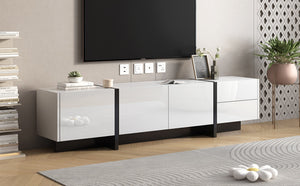 English Elm Glossy White Tv Stand with Black Accents Sleek Modern Console for 80 Inch Screens WF300852AAK