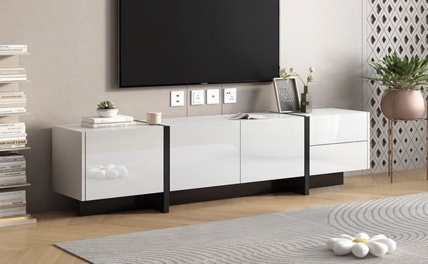 English Elm Glossy White Tv Stand with Black Accents Sleek Modern Console for 80 Inch Screens WF300852AAK