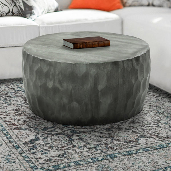 English Elm Val 34 Inch Handcrafted Mango Wood Coffee Table with Hammered Honeycomb Drum Design, Rustic Gray Finish B05691302