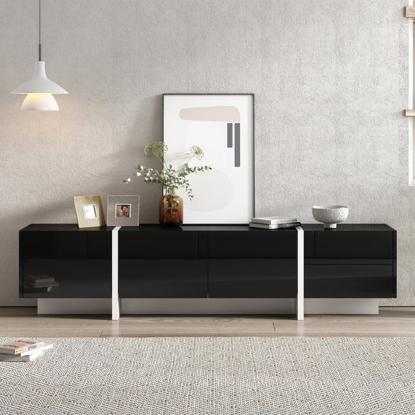 English Elm Glossy White Tv Stand with Black Accents Sleek Modern Console for 80 Inch Screens WF300852AAB