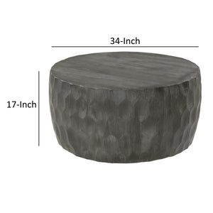 English Elm Val 34 Inch Handcrafted Mango Wood Coffee Table with Hammered Honeycomb Drum Design, Rustic Gray Finish B05691302