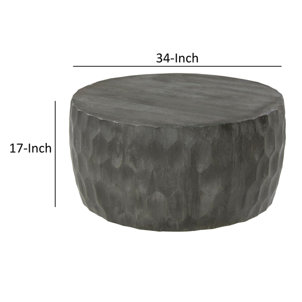 English Elm Val 34 Inch Handcrafted Mango Wood Coffee Table with Hammered Honeycomb Drum Design, Rustic Gray Finish B05691302