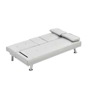 English Elm Sofa Bed Futon with Cup Holders Wood Frame Stainless Legs White Pvc Sleeper W214104918