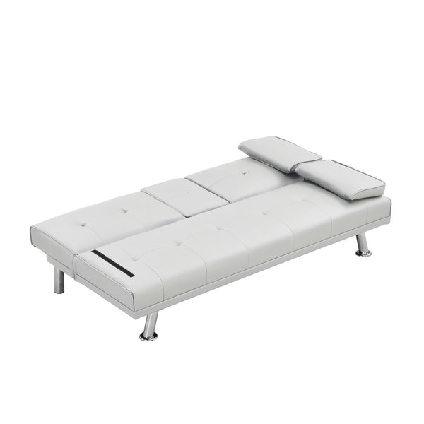 English Elm Sofa Bed Futon with Cup Holders Wood Frame Stainless Legs White Pvc Sleeper W214104918