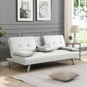 English Elm Sofa Bed Futon with Cup Holders Wood Frame Stainless Legs White Pvc Sleeper W214104918