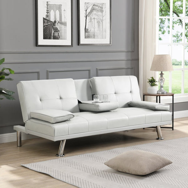 English Elm Sofa Bed Futon with Cup Holders Wood Frame Stainless Legs White Pvc Sleeper W214104918