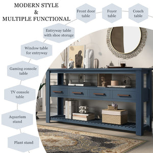 English Elm U_style Slim Wood Console Table with 4 Drawers Open Shelves for Entryway or Living Room WF298909AAV