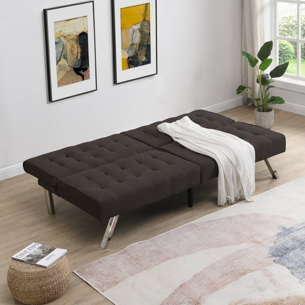 English Elm Wood Frame Futon Sofa Bed with Steel Legs Faux Linen Upholstery for Studio Living W21481810