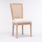 English Elm French Style Solid Wood Frame Linen Fabric Square Rattan Back Dining Chair,Set Of 2,Cream