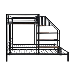 English Elm Metal Triple Bunk Bed Space-Saving Twin over Twin & Twin Design with Staircase Storage Shelves, Durable Metal Frame Black GX001115AAB
