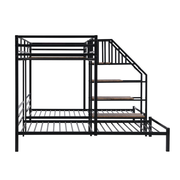 English Elm Metal Triple Bunk Bed Space-Saving Twin over Twin & Twin Design with Staircase Storage Shelves, Durable Metal Frame Black GX001115AAB