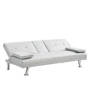 English Elm Sofa Bed Futon with Cup Holders Wood Frame Stainless Legs White Pvc Sleeper W214104918
