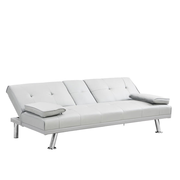 English Elm Sofa Bed Futon with Cup Holders Wood Frame Stainless Legs White Pvc Sleeper W214104918