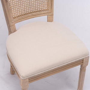 English Elm French Style Solid Wood Frame Dining Chairs Set Of 2 – Cream Linen Upholstery & Rattan Back Design W162290982