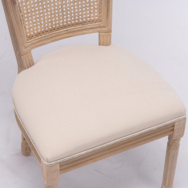 English Elm French Style Solid Wood Frame Dining Chairs Set Of 2 – Cream Linen Upholstery & Rattan Back Design W162290982