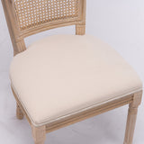 English Elm French Style Solid Wood Frame Linen Fabric Square Rattan Back Dining Chair,Set Of 2,Cream