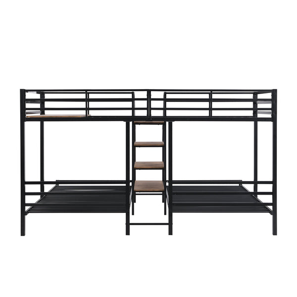 English Elm Metal Triple Bunk Bed Space-Saving Twin over Twin & Twin Design with Staircase Storage Shelves, Durable Metal Frame Black GX001115AAB