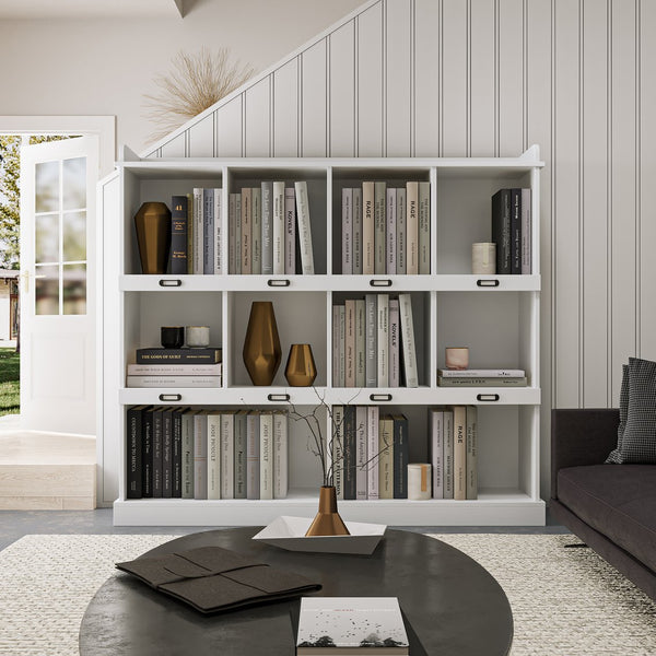 English Elm 10-shelf Bookcase with Cubby Storage and Label Holders, Melamine-Finish Wood Organizer for Home and Office White W33165697