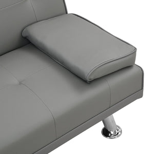 English Elm Sofa Futon Convertible with Cup Holders Wood Frame Stainless Legs Grey Pvc Upholstery W214104621