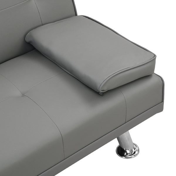 English Elm Sofa Futon Convertible with Cup Holders Wood Frame Stainless Legs Grey Pvc Upholstery W214104621