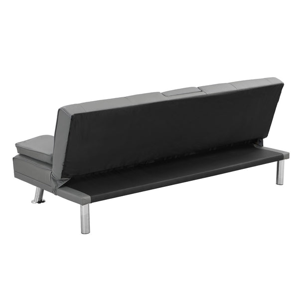 English Elm Sofa Futon Convertible with Cup Holders Wood Frame Stainless Legs Grey Pvc Upholstery W214104621
