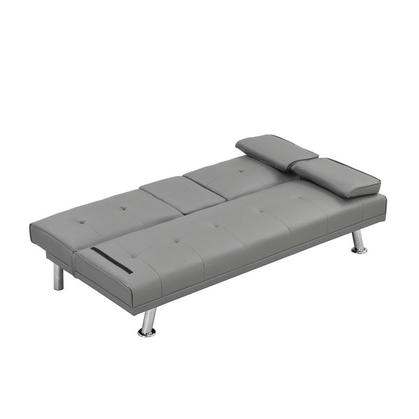 English Elm Sofa Futon Convertible with Cup Holders Wood Frame Stainless Legs Grey Pvc Upholstery W214104621