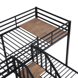 English Elm Metal Triple Bunk Bed Space-Saving Twin over Twin & Twin Design with Staircase Storage Shelves, Durable Metal Frame Black GX001115AAB