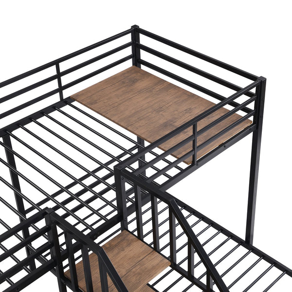 English Elm Metal Triple Bunk Bed Space-Saving Twin over Twin & Twin Design with Staircase Storage Shelves, Durable Metal Frame Black GX001115AAB