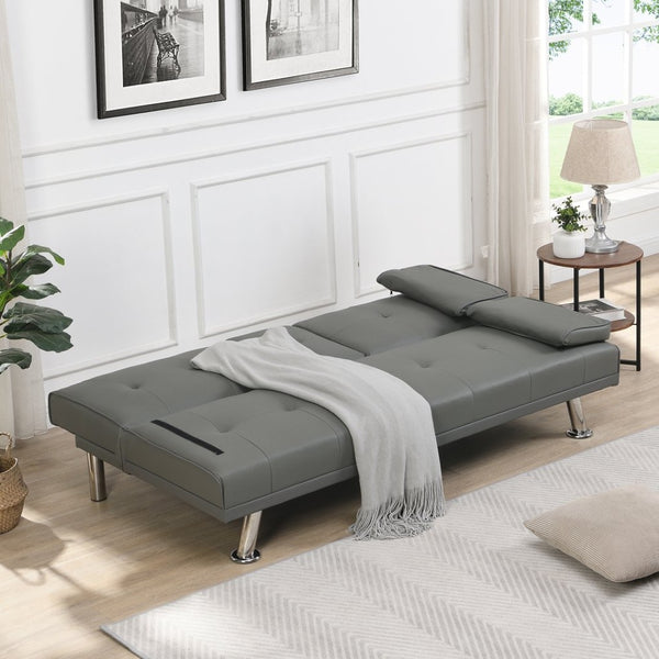 English Elm Sofa Futon Convertible with Cup Holders Wood Frame Stainless Legs Grey Pvc Upholstery W214104621