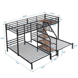 English Elm Metal Triple Bunk Bed Space-Saving Twin over Twin & Twin Design with Staircase Storage Shelves, Durable Metal Frame Black GX001115AAB