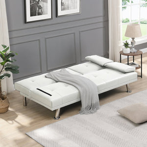 English Elm Sofa Bed Futon with Cup Holders Wood Frame Stainless Legs White Pvc Sleeper W214104918