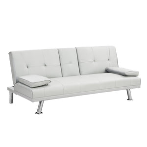 English Elm Sofa Bed Futon with Cup Holders Wood Frame Stainless Legs White Pvc Sleeper W214104918
