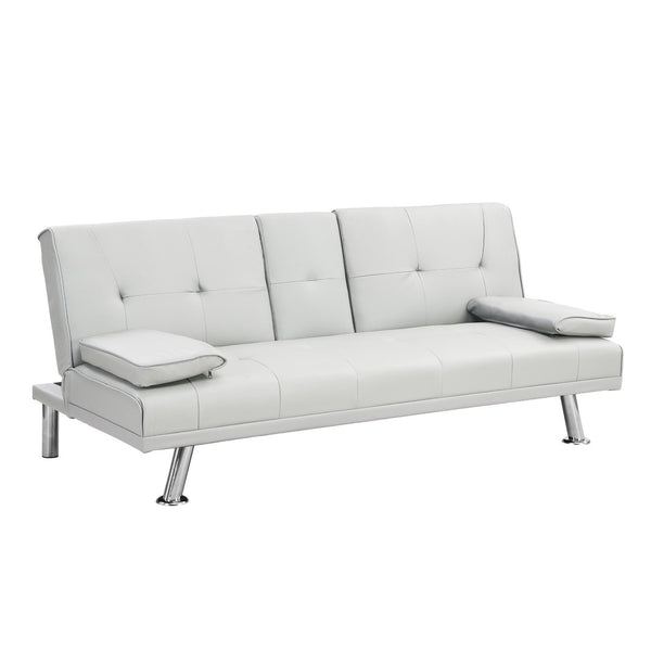 English Elm Sofa Bed Futon with Cup Holders Wood Frame Stainless Legs White Pvc Sleeper W214104918