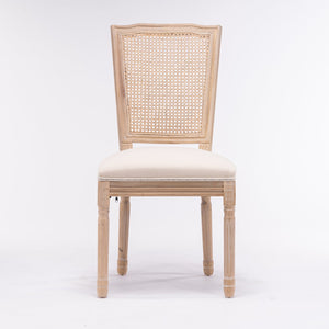 English Elm French Style Solid Wood Frame Dining Chairs Set Of 2 – Cream Linen Upholstery & Rattan Back Design W162290982
