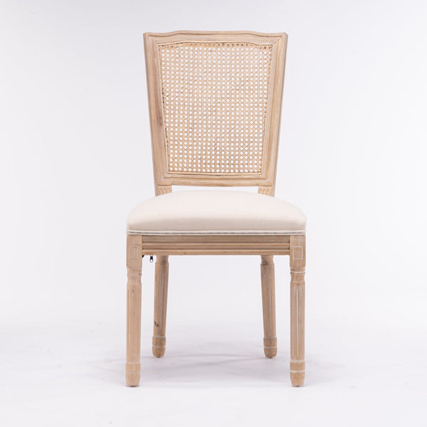 English Elm French Style Solid Wood Frame Dining Chairs Set Of 2 – Cream Linen Upholstery & Rattan Back Design W162290982