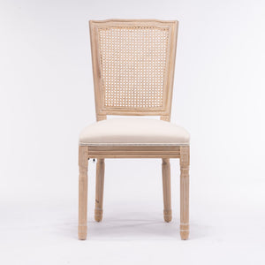 English Elm French Style Solid Wood Frame Linen Fabric Square Rattan Back Dining Chair,Set Of 2,Cream