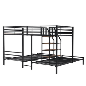 English Elm Metal Triple Bunk Bed Space-Saving Twin over Twin & Twin Design with Staircase Storage Shelves, Durable Metal Frame Black GX001115AAB