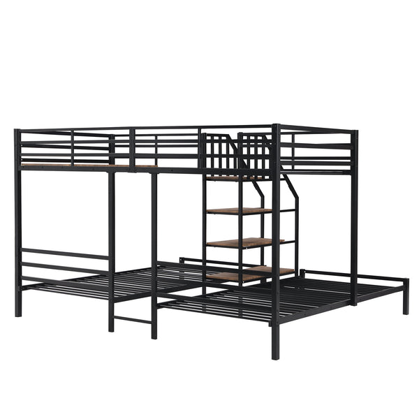 English Elm Metal Triple Bunk Bed Space-Saving Twin over Twin & Twin Design with Staircase Storage Shelves, Durable Metal Frame Black GX001115AAB